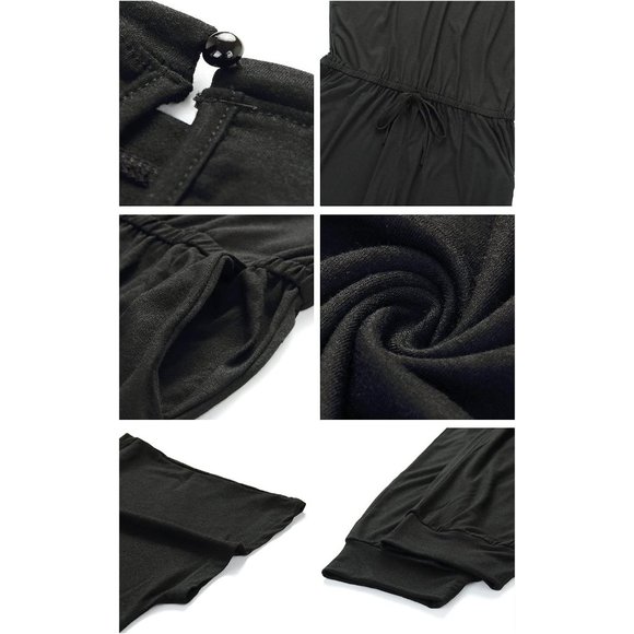 Women's Black Loose Solid Off Shoulder Elastic Waist Stretchy Romper Jumpsuit - Picture 6 of 7